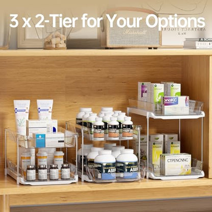 Delamu 2 Sets of 3-Tier Bathroom Under Sink Organizers and Storage, Multi-Purpose Stackable Pantry Organization and Storage, Pull Out Clear Kitchen Bathroom Cabinet Organizer with Movable Dividers | Storage
