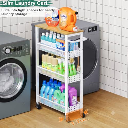 Utility Slim Rolling Cart with Table Top, Narrow Laundry Room Organization and Storage Shelves for Between Washer and Dryer Gap, White Skinny Bathroom Shelf on Wheels,Small Detergent Organizer Cabinet