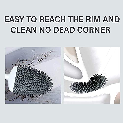 Silicone Toilet Brush, Ventilation Slots Base Holder 2 Pack Silver | Flexible Bristles Flat Head for Rim, Hair Tangle-Free, Easy to Clean, Compact Design, Rustproof Handle, for Toilet/Sink/Tub