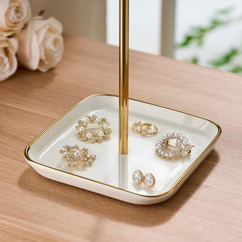pickpiff Necklace Holder Stand with Ceramic Base: 12" Jewelry Tree Display Organizer for Necklaces, Bracelets, Rings, Earrings, Tall Gold Stand for Women, Aesthetic Room Décor, Gold and White