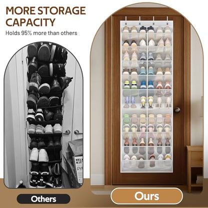 MISSLO 30 Pairs Over the Door Shoe Organizer Breathable Mesh Hanging Shoe Rack for Closet Storage with Wide Deep Pockets 10 Tier Shoes Holder Fit All the Family's Sneakers, Boots, Heels (White, 71")