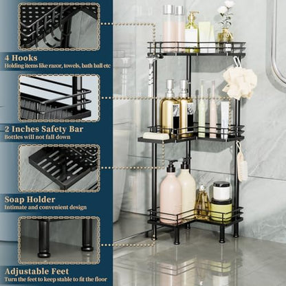 Corner Shower Caddy Standing - 3-Tier Stainless Steel Shower Organizer with Soap Holder and 4 Hooks, Large Capacity Corner Shelf Stand for Bathroom, Rest Room, Black