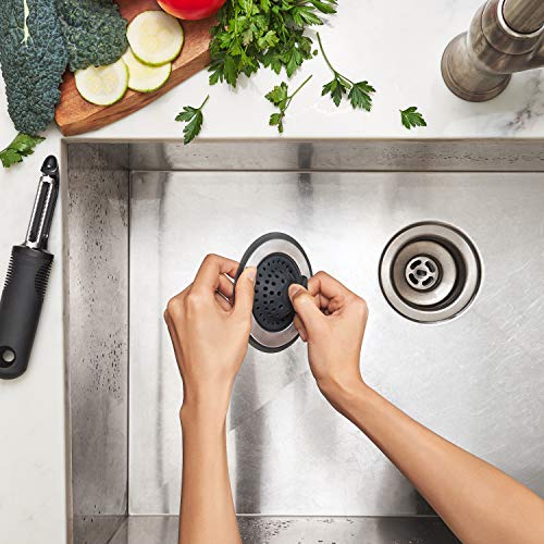 OXO Good Grips 2-in-1 Sink Strainer Stopper, Kitchen Sink Stopper | Catches Debris And Stops Drain, Easy-Lift Tab, Flexible Silicone, Fits Standard Drains, Dishwasher Safe, Kitchen Sink