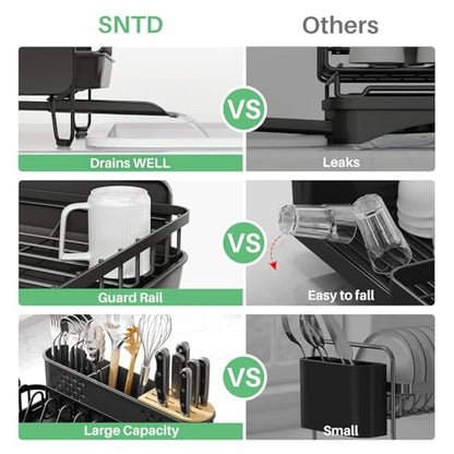 SNTD Large Dish Drying Rack for Kitchen Counter, Expandable, Black | Stainless Steel Dish Drainer, Adjustable Length 18.9''-29.3'', Automatic Drainage, 360° Spout, Cutlery Holder with Knife Slot