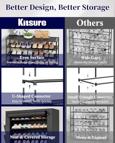 Kitsure 10-Tier Shoe Rack with Cover, Tall Shoe Shelf, 33" Wide, Black | Large Capacity Shoe Storage with Side Pocket, Shoe Organizer for Closet, Entryway, Bedroom, Zapateras Organizer