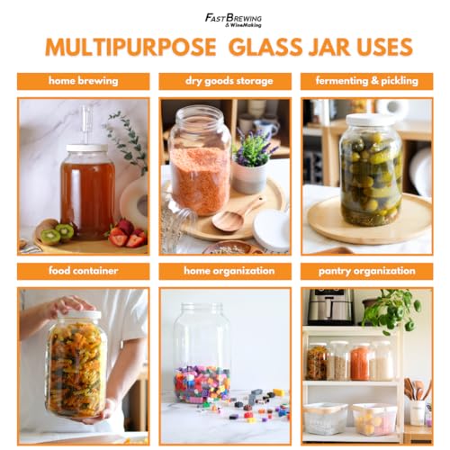 2-Pack 1 Gallon Glass Jar with Lid | Wide Mouth Set with White Metal Caps