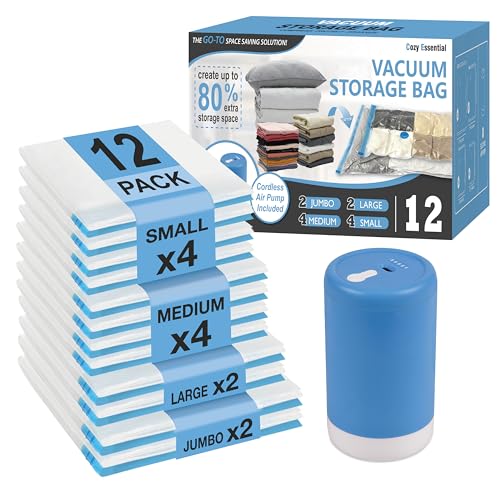 Travel Vacuum Storage Bags with Rechargeable Cordl... (12 Count | Transparent)