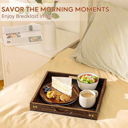 Serving Tray with Handles,Wood Decorative Tray,Square Large Serving Platter | 12.75"Wood Tray for Living Room,Modern Coffee Table Tray | Candle Holder Tray,Ottoman tray for Bed,Kitchen,Bathroom,Breakfast