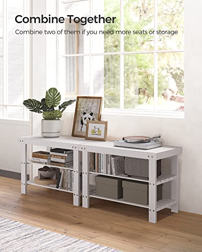 SONGMICS Shoe Rack Bench, 3-Tier Bamboo Shoe Storage Organizer, Entryway Bench, Holds Up to 286 lb, 11.3 x 27.6 x 17.8 Inches, for Entryway Bathroom Bedroom, Cloud White ULBS004W01