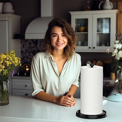 Paper Towel Holder Countertop, One-Handed Tear, Stainless Steel, Weighted Base, Black, Paper Towel Roll Holder Stand with Ratchet Mechanism for Kitchen Bathroom Farmhouse Essentials Decor Accessories