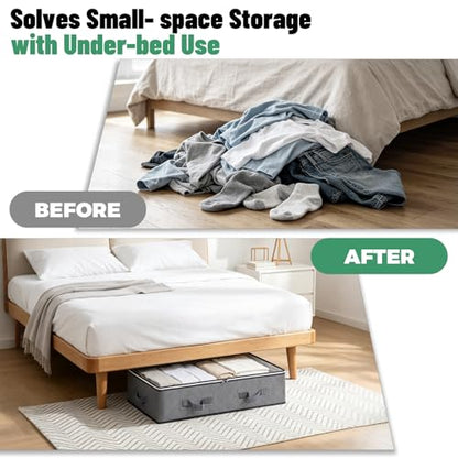 6 Pack Under Bed Storage Containers with Transparent Clear Window | Underbed Storage Bins with Reinforced Handles, Dual-Zipper for Clothes, Comforters, Blankets and Bedding, Gray