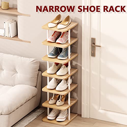 Shoe Rack Storage Vertical Narrow Shoe Organizer Shelf 7 Tier | Metal Slim Shelf,Modern Minimalist Free Standing Shoe Tower, Saving Space for Closet,Entryway,Bedroom,White