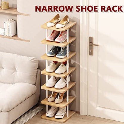 Shoe Rack Storage Vertical Narrow Shoe Organizer Shelf 7 Tier | Metal Slim Shelf,Modern Minimalist Free Standing Shoe Tower, Saving Space for Closet,Entryway,Bedroom,White