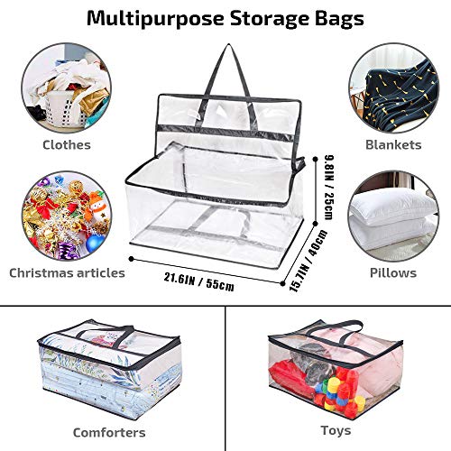 Clear Clothes Storage Bag Organizer with Reinforced Handle, Vinyl Storage Bags for Comforter, Blanket, Bedding, Toys, Transparent Moving Totes with Sturdy Dual Zippers, 3 Pack, 55 L, Black