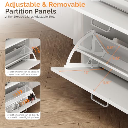 VINGLI Shoe Cabinet Storage for Entryway,White Small Narrow Shoe Rack,25" W | 8–12 Pairs,Skirting Board Cutout,Drop-Down Drawer,9.4"D Slim,Two-Tone Oak & White,2 Flip Drawers,Adjustable & Removable Shelf