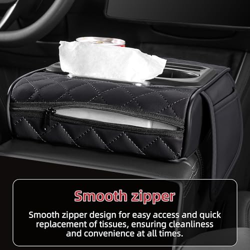 5 in 1 Nappa Leather Console Armrest Cover, Black | Built-in cup holder, tissue slot, phone holder & 2 storage pockets, practical car accessories fit SUV sedan truck
