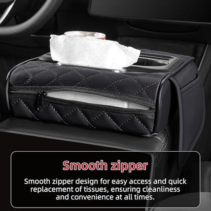 5 in 1 Nappa Leather Console Armrest Cover, Black | Built-in cup holder, tissue slot, phone holder & 2 storage pockets, practical car accessories fit SUV sedan truck