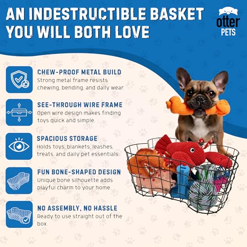OtterPets Metal Dog Toy Basket Bone Shaped Indestructible Dog Toy Bin 17x13 | 17" long, 13" wide, 7" tall, metal wire dog storage organizer, dog toy bin, dog toy box, pet toy basket, dog toy storage