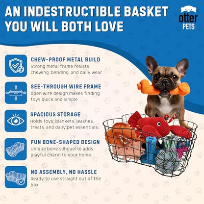 OtterPets Metal Dog Toy Basket Bone Shaped Indestructible Dog Toy Bin 17x13 | 17" long, 13" wide, 7" tall, metal wire dog storage organizer, dog toy bin, dog toy box, pet toy basket, dog toy storage