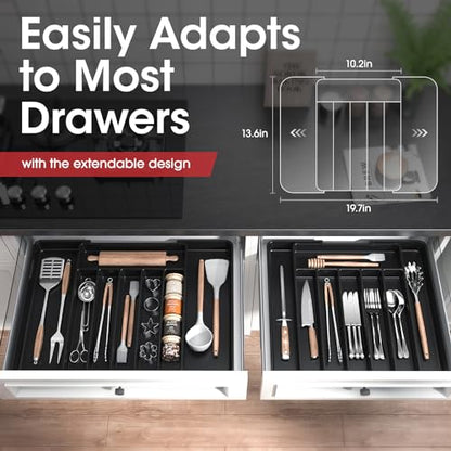 Aujen Silverware Drawer Organizer, Adjustable Utensil Cutlery Tray | Expandable Kitchen Organizer for Forks, Knives, Multipurpose Kitchen Storage , Apartment Essentials, Black, Large