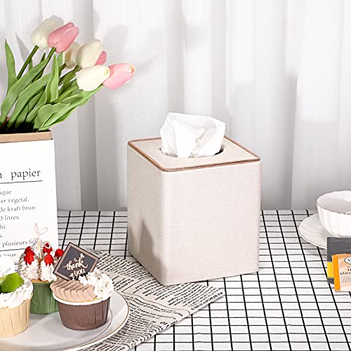 Sumnacon Square Linen Tissue Box Cover - Stylish Cube Tissue Box Holder with Magnetic Bottom, Decorative Tissue Box for Vanity Toilet Tank Dresser Night Stand Table Countertop Office Car, Beige