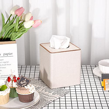 Sumnacon Square Linen Tissue Box Cover - Stylish Cube Tissue Box Holder with Magnetic Bottom, Decorative Tissue Box for Vanity Toilet Tank Dresser Night Stand Table Countertop Office Car, Beige