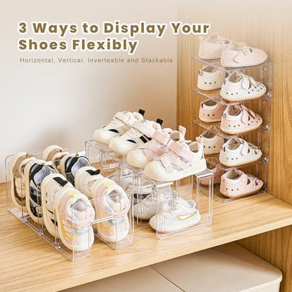 UFORU 2-Pack Acrylic Toddler Shoe Organizer,Baby Kids Shoe Rack Storage | Clear Stackable 4‑Section Shelf Hold Up To Four Pairs Per Rack,Also Organizes Books, Files, Purses And Desk Supplies.