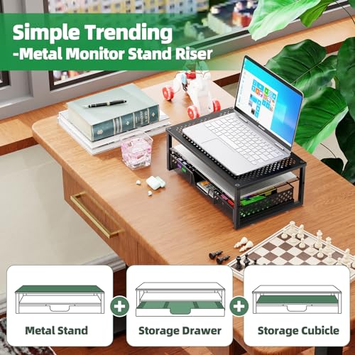 Simple Trending Metal Monitor Stand Riser and Computer Desk Organizer with Drawer for Laptop, Computer, iMac, Black | 16"W x 10"D x 6.25"H. Sturdy Metal Frame. 2-tier + drawer. Holds 66 lbs. Anti-slip. Fits laptop, monitor, iMac. Easy assembly