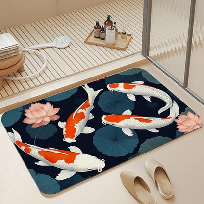 Japanese Fish Bath Mat,Fast Drying Lotus Flowers Leaves Bathmats for Bathroom, Non Slip Soft Diatomaceous Bath Rug Bathroom Accessories Thin Doormat for Home Kitchen 17 X 29.5 Inch