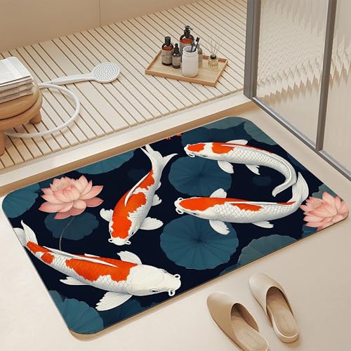 Japanese Fish Bath Mat,Fast Drying Lotus Flowers Leaves Bathmats for Bathroom, Non Slip Soft Diatomaceous Bath Rug Bathroom Accessories Thin Doormat for Home Kitchen 17 X 29.5 Inch