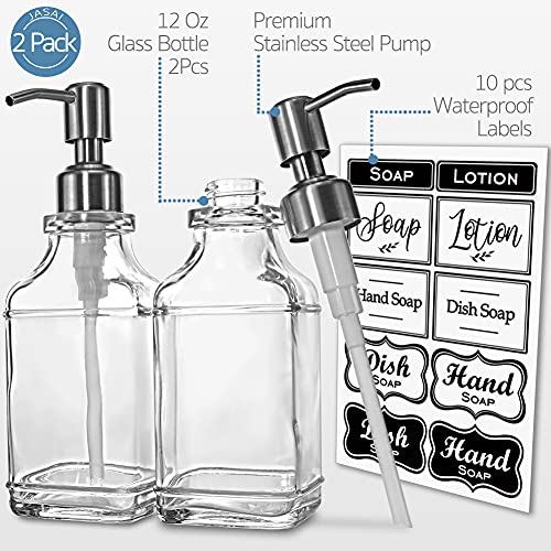 JASAI 2Pack Hand&Dish Glass Soap Dispenser with Rust Proof Pump & Stickers | Kitchen Soap Dispenser with 304 Stainless Steel Pump, Premium Bathroom Soap Dispensers for Dish Soap, Hand Soap，Lotion