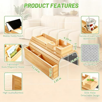 Bamboo Couch Arm Tray Sofa Armrest Tray Cup Holder,2-in-1 Couch Armrest Tray with Slide Detachable Tray,Couch Caddy,Slip Foldable Sofa Table,Phone Stand,Book Holder (Bamboo)
