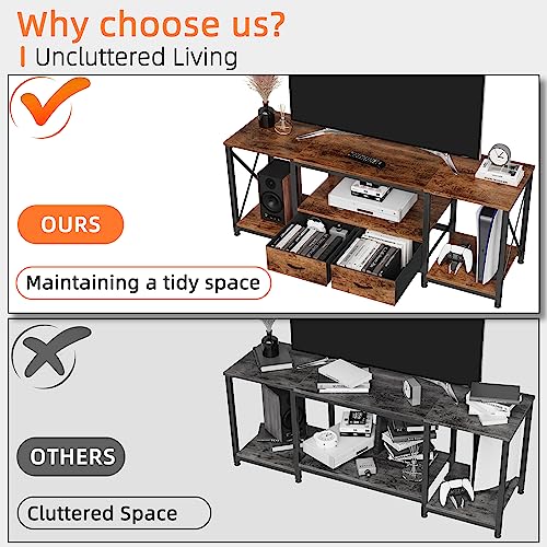 GYIIYUO TV Stand with Fabric Drawer - Entertainment Center and Industrial TV Console Table with Open Storage Shelves for Living Room, Bedroom - 55.1" Rustic Brown