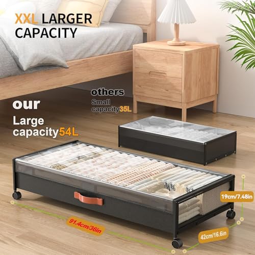 Under Bed Storage Containers with Wheels Large Underbed Shoes Blankets Clothes Toy Storage Drawers for College Dorms Bedrooms Nursery Rooms Organization (Black 2 Pack, 7.5in height(36"x16.6"x7.48"))