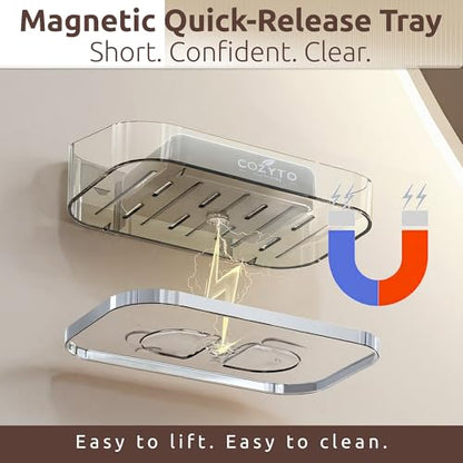 COZYTO DripLux S2 - Magnetic Soap Holder Wall Mount 2-Pack Fast-Draining Adhesive Soap Dish for Bathroom Shower & Kitchen PET Plastic Smoky Quartz & Rose Gold/Platinum Trim (Smoky Quartz & Platinum)