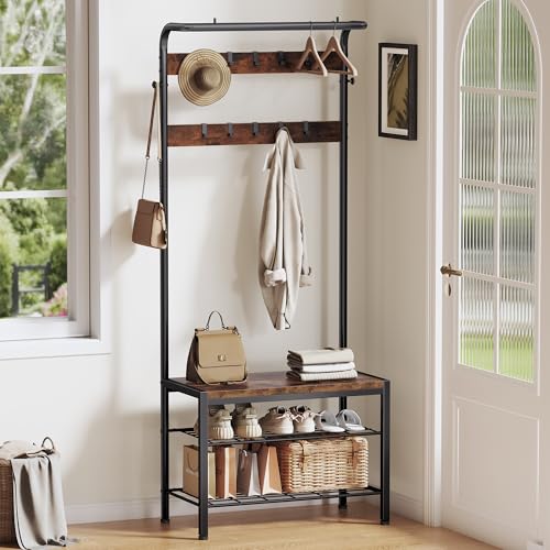 NEWBULIG Coat Rack, Hall Tree with Shoe Bench, 4-in-1 Entryway Organizer with 10 Hooks and Storage Shelf, Rustic Wood Entryway Bench for Mudroom, Living Room, Bedroom, Brown
