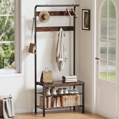 NEWBULIG Coat Rack, Hall Tree with Shoe Bench, 4-in-1 Entryway Organizer with 10 Hooks and Storage Shelf, Rustic Wood Entryway Bench for Mudroom, Living Room, Bedroom, Brown