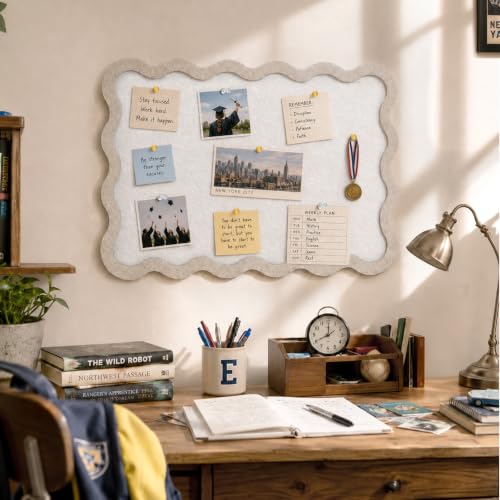 VABAMNA Scalloped Felt Bulletin Board 24"x18", Felt Cork Board Alternative for Wall, Foldable Picture Self-Adhesive Boards with Pins Hooks, Vision Boards for Photo Display School Home Office, Oatmeal