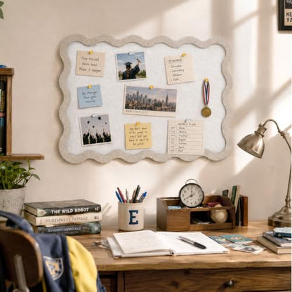 VABAMNA Scalloped Felt Bulletin Board 24"x18", Felt Cork Board Alternative for Wall, Foldable Picture Self-Adhesive Boards with Pins Hooks, Vision Boards for Photo Display School Home Office, Oatmeal