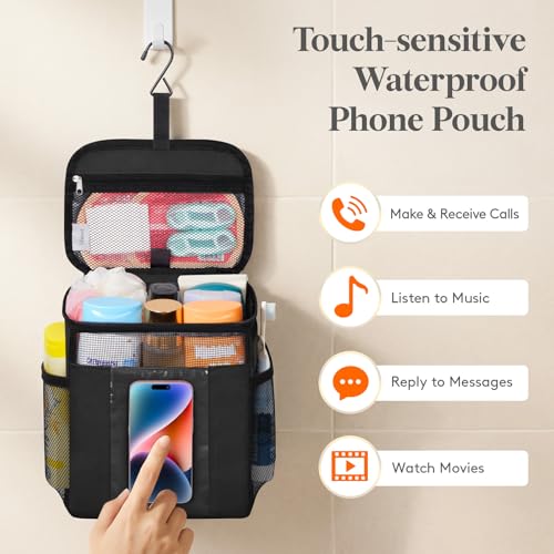 Lifewit Mesh Shower Caddy Bag Portable, Quick Dry Hanging Bathroom Organizer with PVC Phone Bag, College Dorm Room Essentials for Travel, Gym, Camping, Toiletry Tote for Women Men, Medium, Black