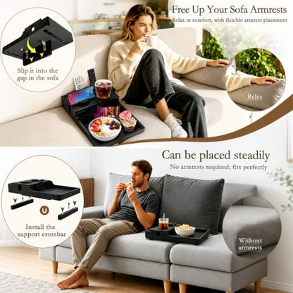 2-in-1 Bamboo Couch Tray – Insert & Flat Sofa Organizer with Anti-Slip Base,360° Rotating Phone Holder,Cup Holder, 15.3x9.8 in, Fit Seat Gaps or Armless,Sectional Sofa