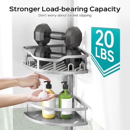 HAMITOR Corner Shower Caddy Tension Pole: Rustproof 4-Tier Bathroom Organizer Shelves for Bathtub Shampoo Storage - 47-121 Inch Quick Install Adjustable Rod Standing Rack with Soap Rack - Silver Gray