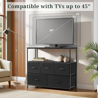 TV Stand dresser, 5 Drawers, Entertainment Center for TV up to 45 inch | Open Shelf, Storage Drawers, Media Console Table for Living Room, Bedroom, Small Space, Black