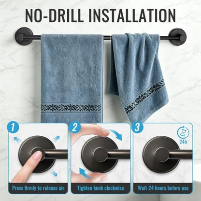 No Drill Suction Cup Towel Bar with Adjustable 14.6-24In | Strong Adhesive Wall Mount, Thickened Stainless Steel Matte Black Towel Rack for Renters, Bathroom Shower & Kitchen Storage
