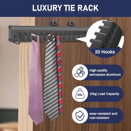 Sliding Tie Rack Hanger for Closet, 20 Tie Pull Out Belt Rack Organizer | Aluminum Alloy Side Mounted Tie Organizer for Closet, Extending Belt Holder Hanger with 20 Hooks for Scarves Ties Belts Shawl