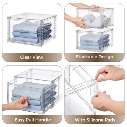 Vtopmart 4 Pack Clear Stackable Storage Drawers 15QT, Easily Assemble Closet Organizers,Plastic Storage Bins for Bathroom,Cabinet,Kitchen Pantry,Under Sink Organization(Medium)