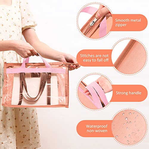 Shappy 15 Pieces Dust Cover Organizer Bags for Handbags, 3 Sizes Clear Handbag Storage Bag Purse Storage with Zipper and Handles Dust Bags for Purses Handbags Closet, 5 Each Size (Pink)