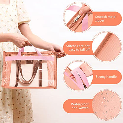 Shappy 15 Pieces Dust Cover Organizer Bags for Handbags, 3 Sizes Clear Handbag Storage Bag Purse Storage with Zipper and Handles Dust Bags for Purses Handbags Closet, 5 Each Size (Pink)