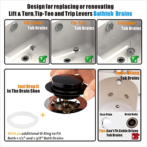 Universal Tip Toe Bath Drain Stopper and Cover, Bathtub Drain Stopper, Replaces Lift and Turn, Tip-Toe and Trip Lever drains for Tub, EZ Installation and Clearing (MATT Black)