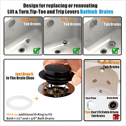 Universal Tip Toe Bath Drain Stopper and Cover, Bathtub Drain Stopper, Replaces Lift and Turn, Tip-Toe and Trip Lever drains for Tub, EZ Installation and Clearing (MATT Black)
